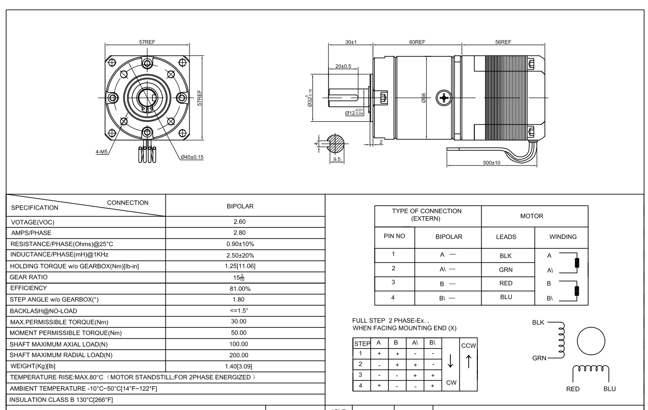 Moteur pas à pas NEMA23 23HS22-2804S-PG15 avec réducteur planétaire 15:1 – 2.8A, 56mm | ELECTRONIC SHOP